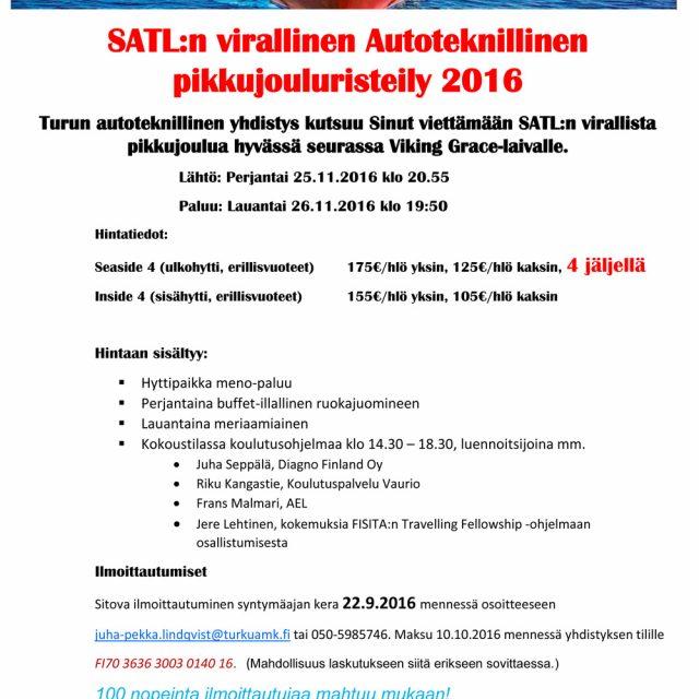 SATL:n virallinen Autoteknillinen pikkujouluristeily lähestyy. Ilmoittautumiset 22.9.2016 mennessä. Lisäksi ennen matkaa on tarjolla koulutuspäivä 50% alennuksella!